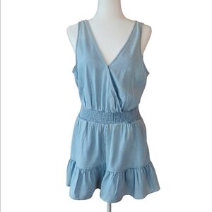 American Eagle Outfitters Sky Blue Denim V-Neck Ruffled Romper Women's Large